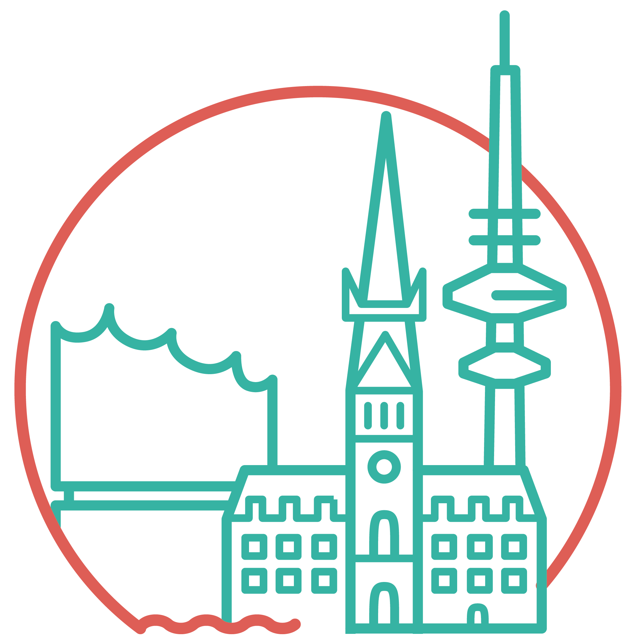 Auf dem Piktogramm sieht man die Sehenswürdigkeiten von Hamburg.